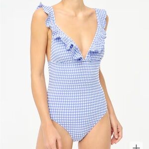 J.Crew Factory Seersucker Ruffle-shoulder V-neck One-piece Swimsuit